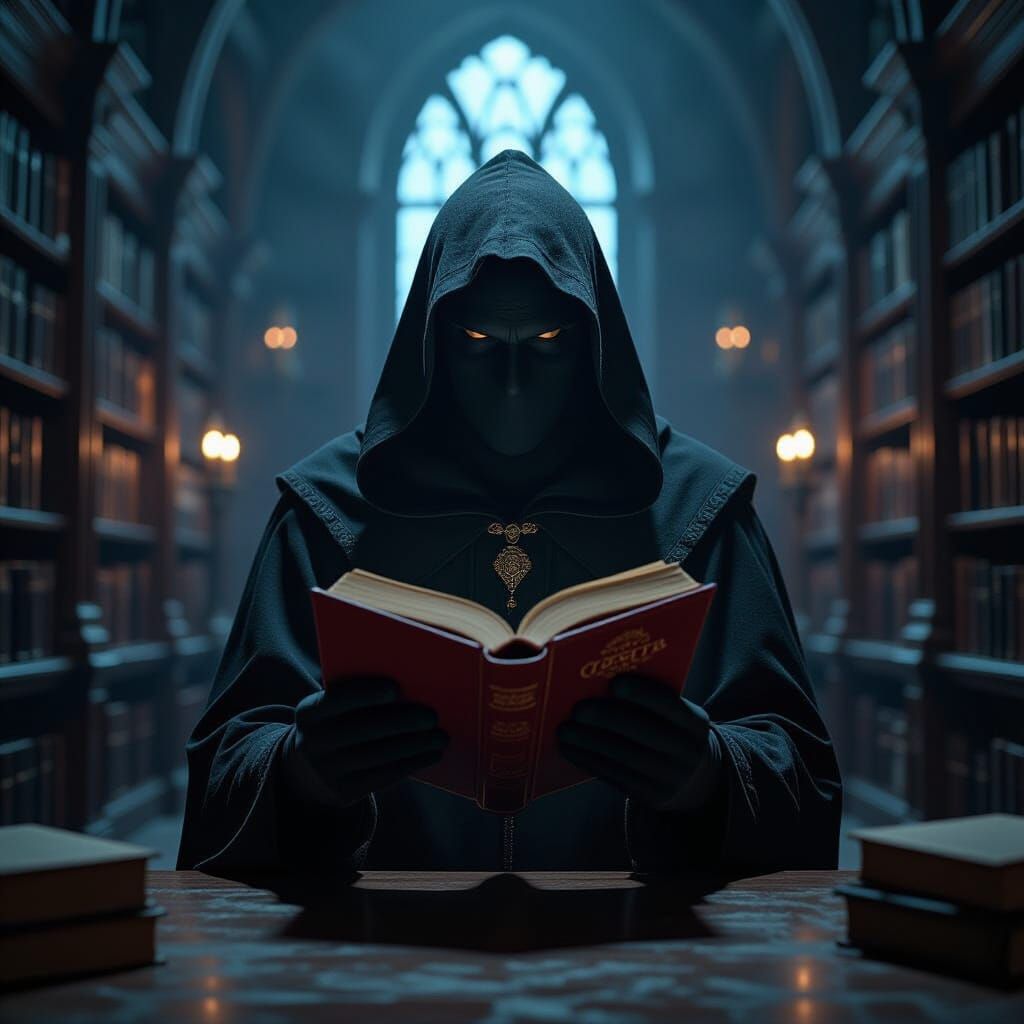 Eerie Library: Hooded Figure Reading Spell Book