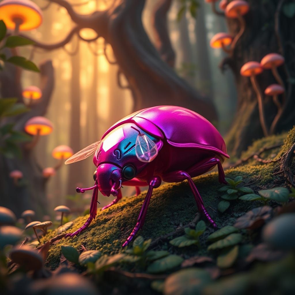 Vibrant Pink Beetle in Mystical Forest Landscape
