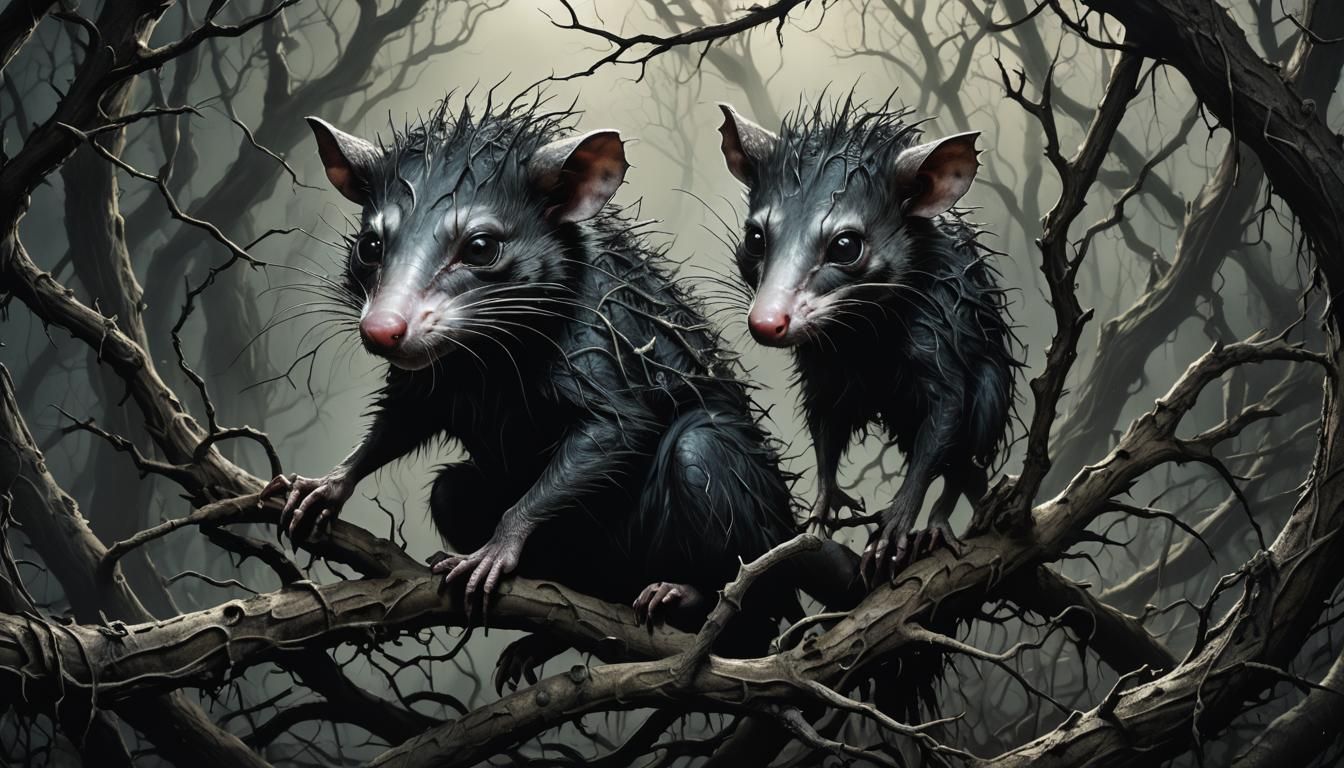 Surreal Opossum Emerges from Dark, Twisted Forest