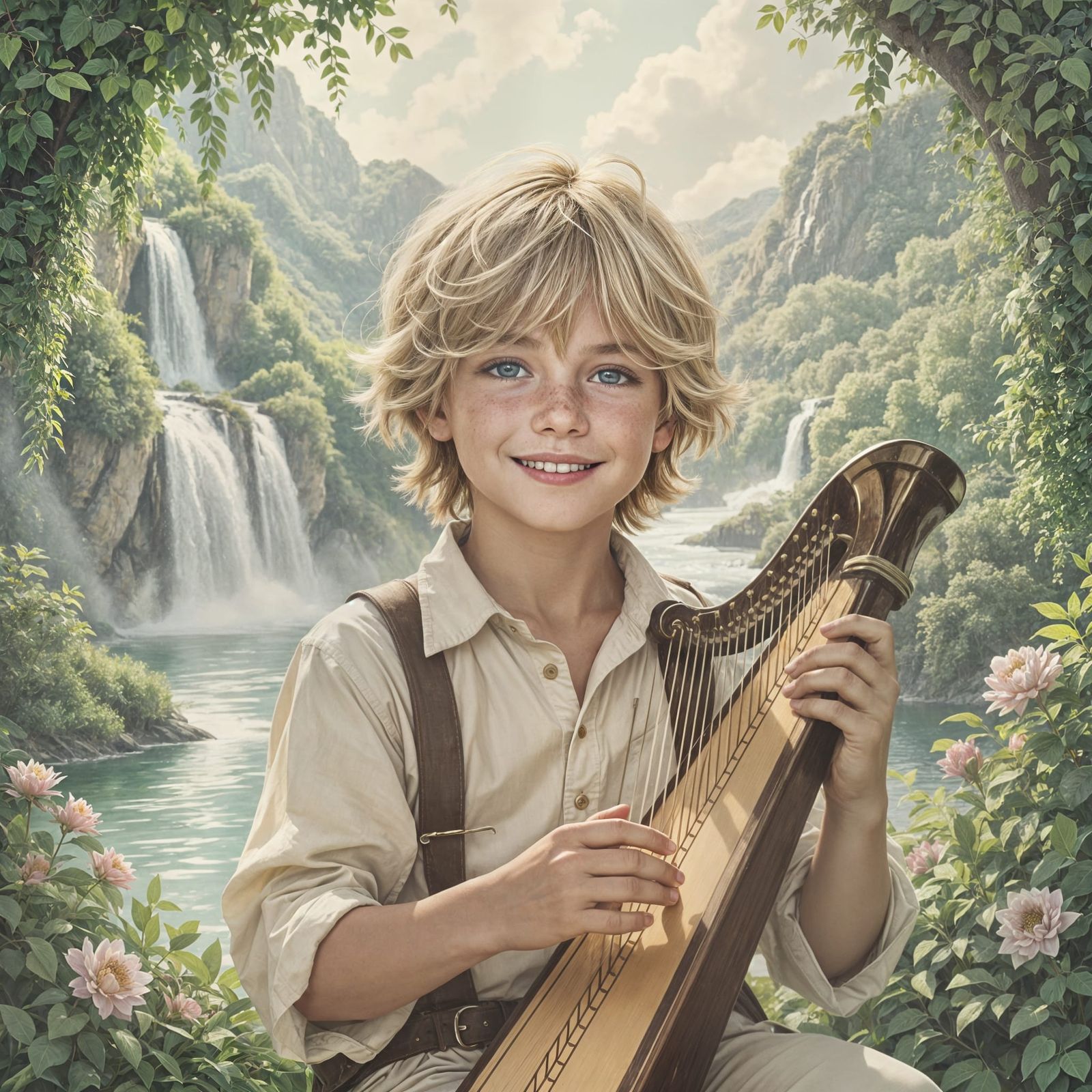 Blond Boy with Freckles Plays Harp by Waterfalls