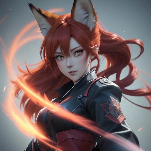 Breathtaking Anime Portrait with Blood Red Hair and Fox Ears