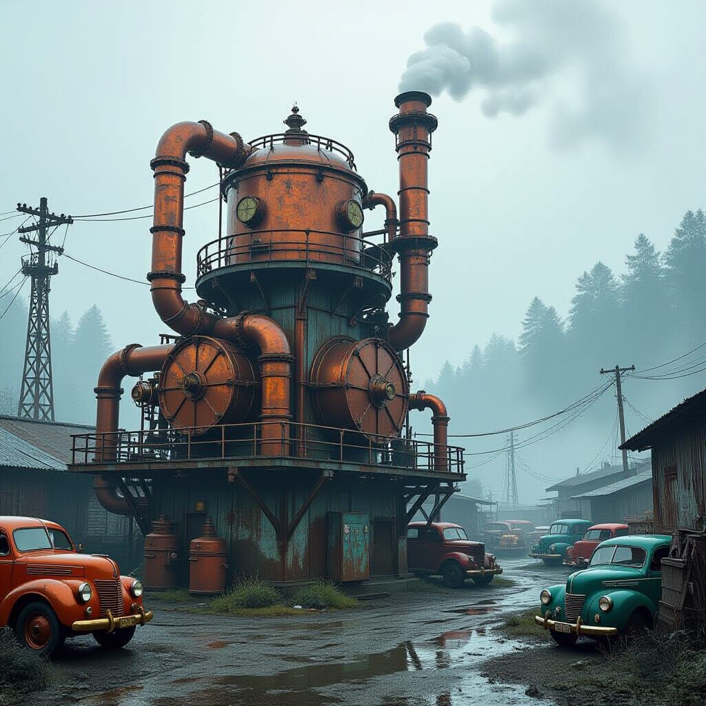 Steampunk Hydro Station Powers Vehicle Junkyard