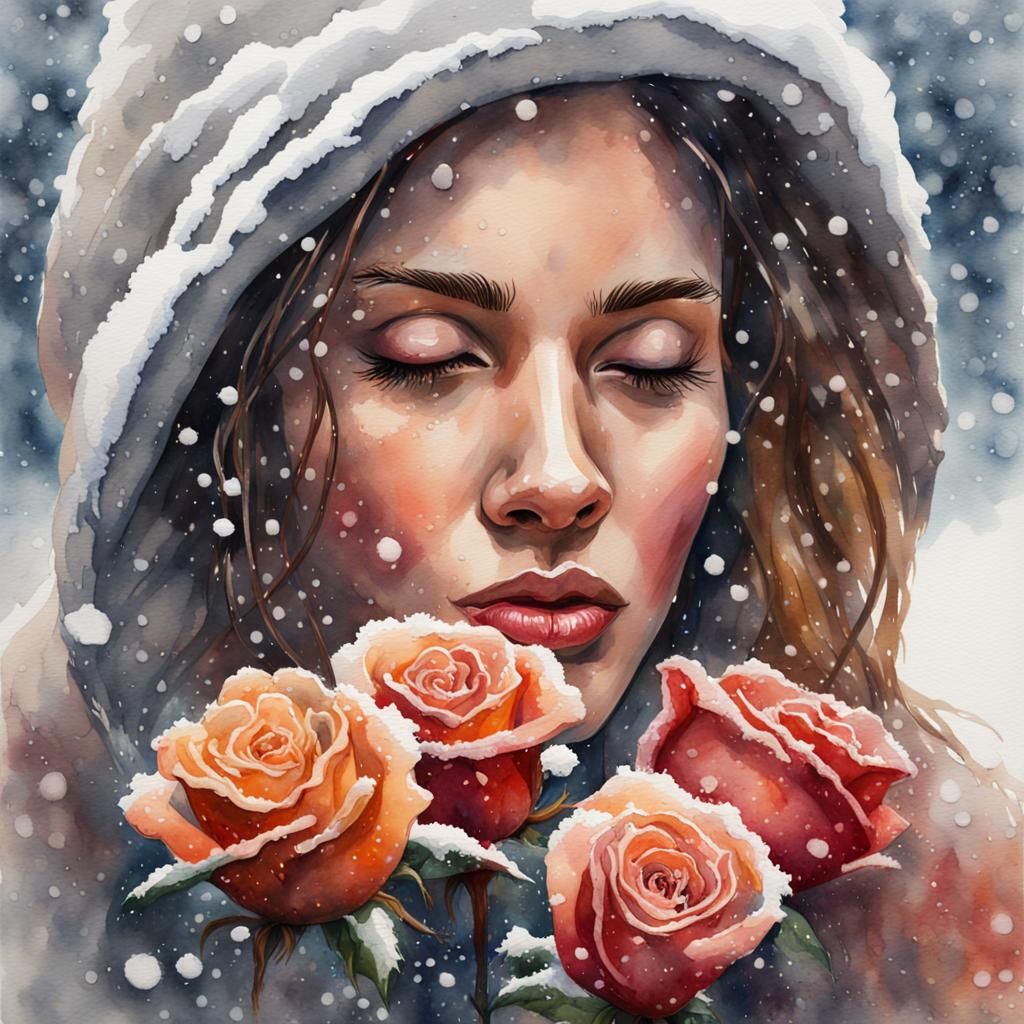 Woman in Snowy Garden, Smelling Roses in Warm Watercolor