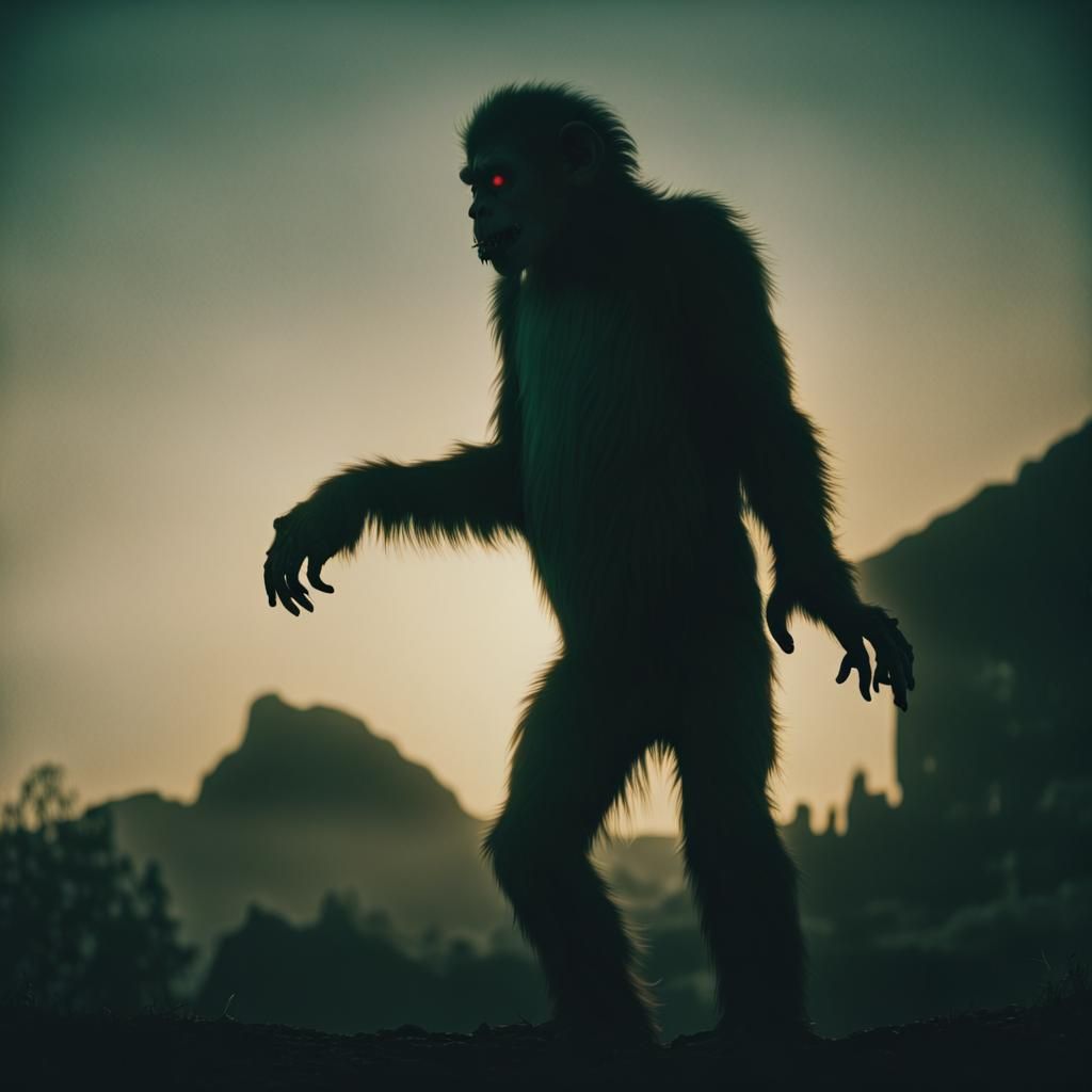 Dark Cinematic Silhouette of a Zombie Monkey Monster Clown