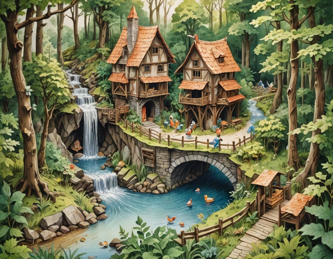 Medieval Fantasy Water Mill in a Whimsical Forest