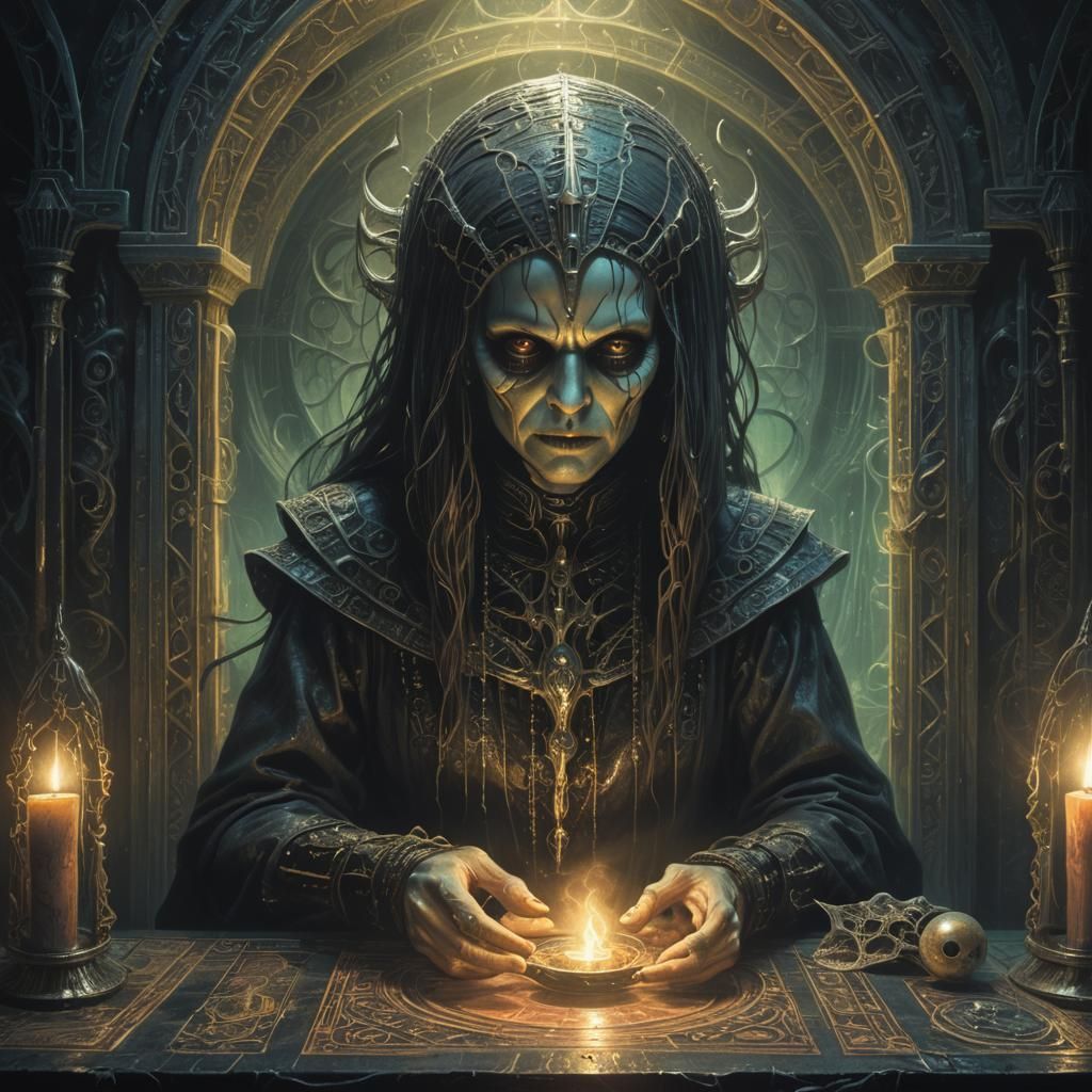 Dark Fantasy Fortuneteller Reveals a Glowing Tarot Card