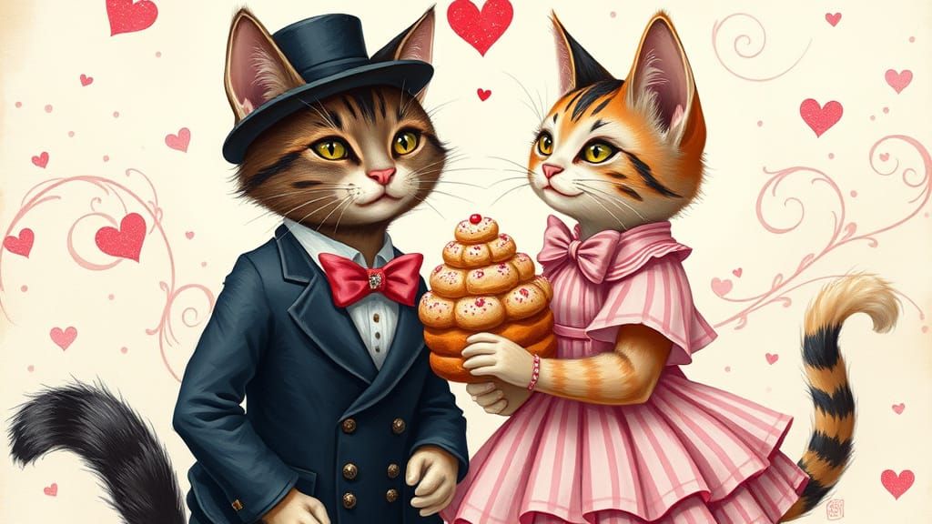 Whimsical Victorian Feline Couple in Love