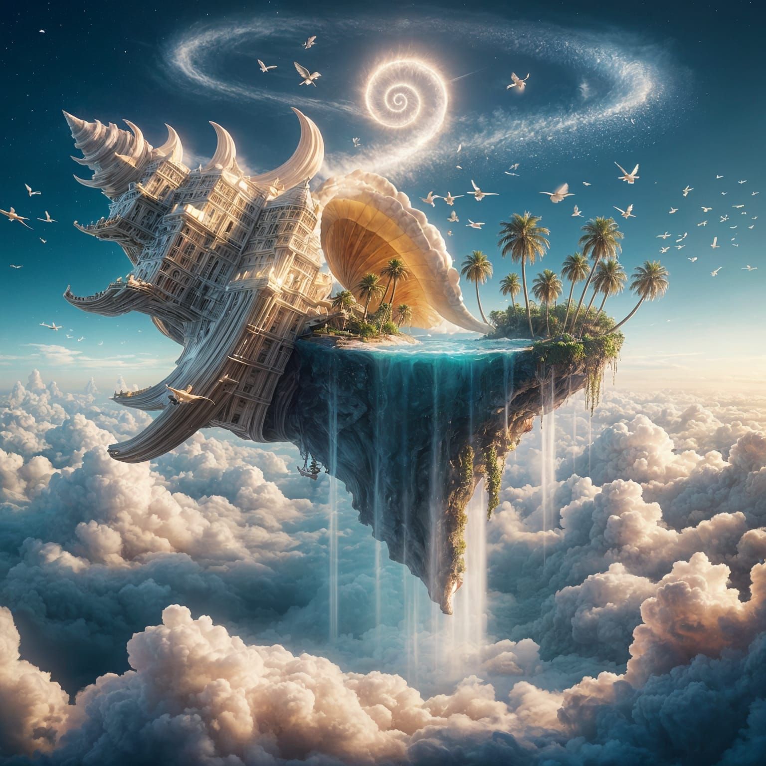 Floating Tropical Island with Conch Shell Base