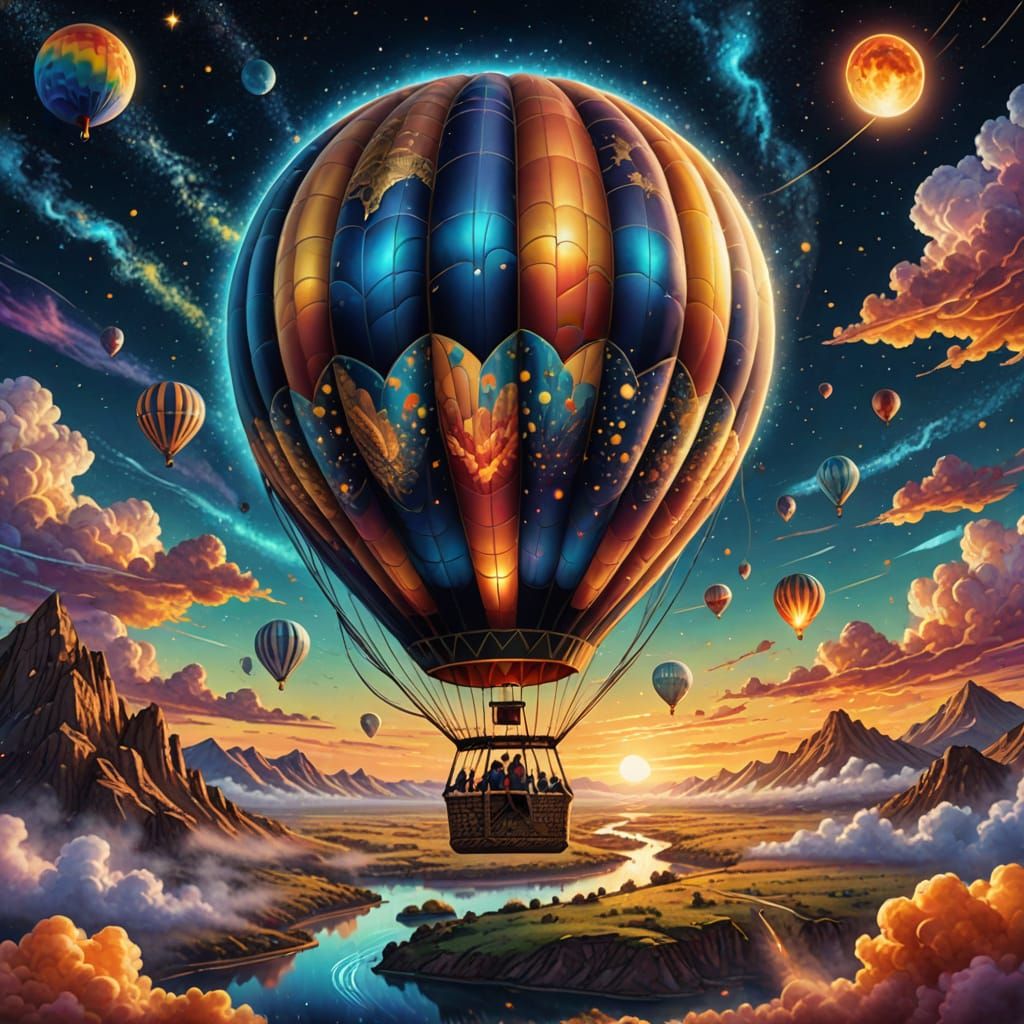Hot Air Balloon Soars Through Cosmic Dreamscape