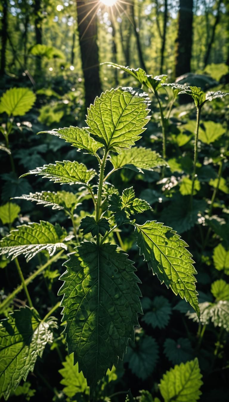Vibrant Nettles in Woods Landscape with Close-Up Reflection