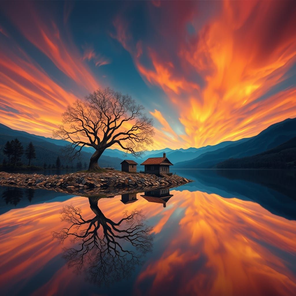 Majestic Coin Landscape with Tree by Tranquil Lake