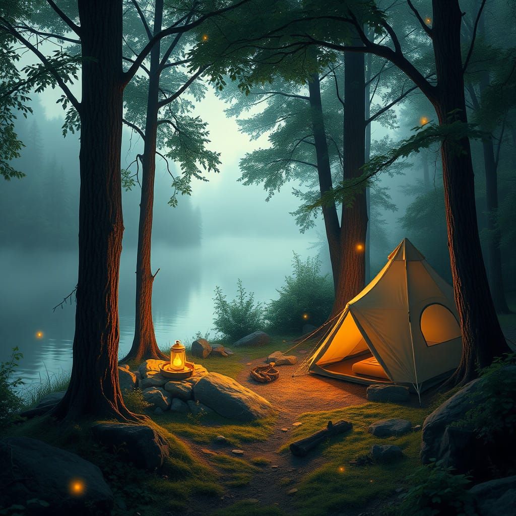 Misty Lake Campsite in Idyllic Landscape