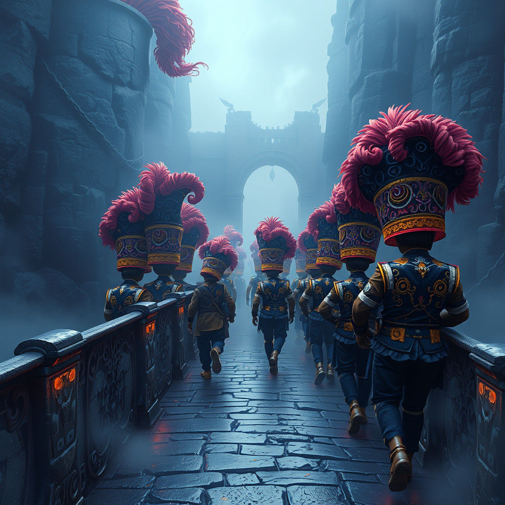 Mystical Marching Band Hats Converge on Dreamlike Bridge