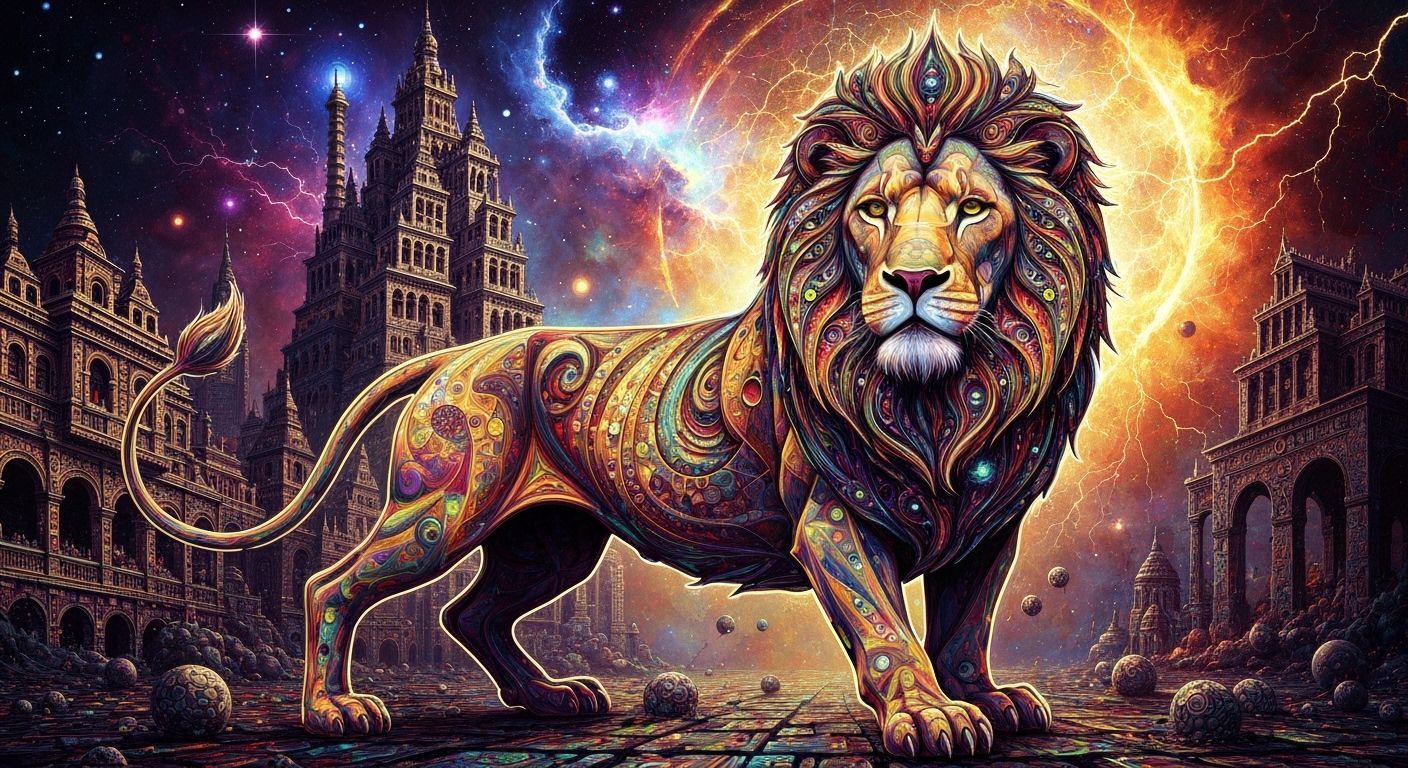 Kaleidoscopic Geometric Lion in Expressionist Style