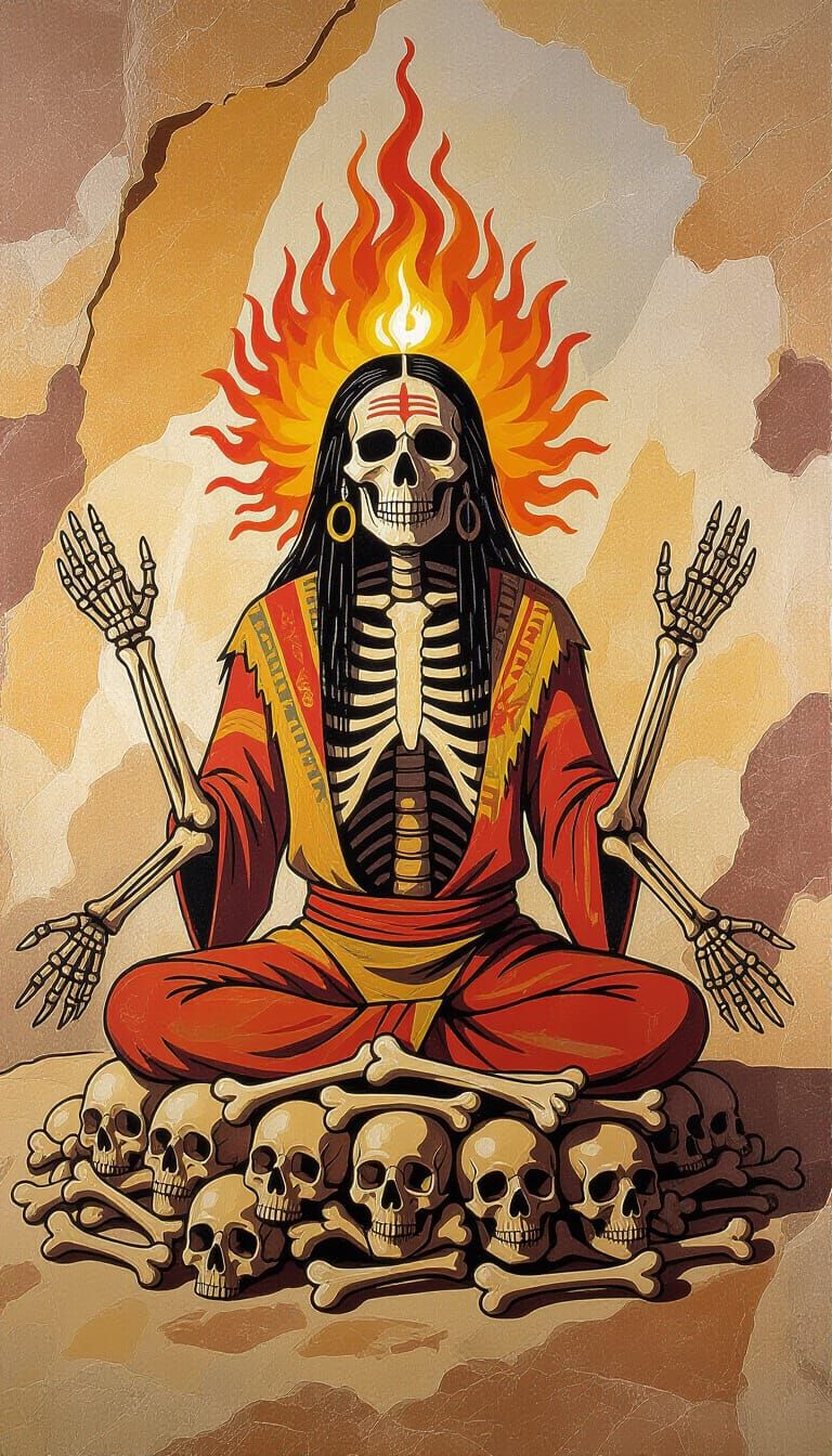 Skeletal Shaman Meditating in Fiery Aura, Cave Painting Styl...