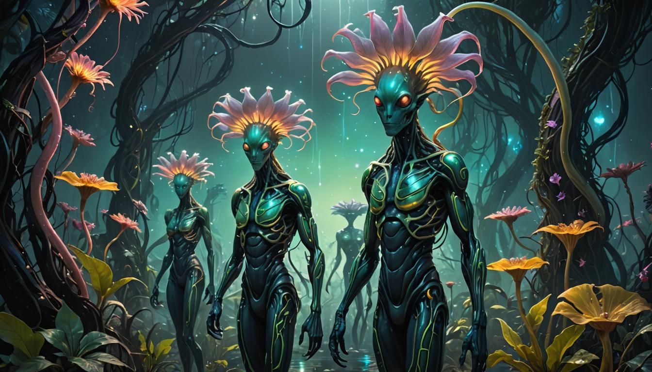 Enigmatic Beings Amidst Radiant Alien Flora