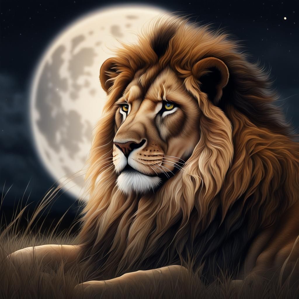 Surreal Lion's Serenade Under Full Moon