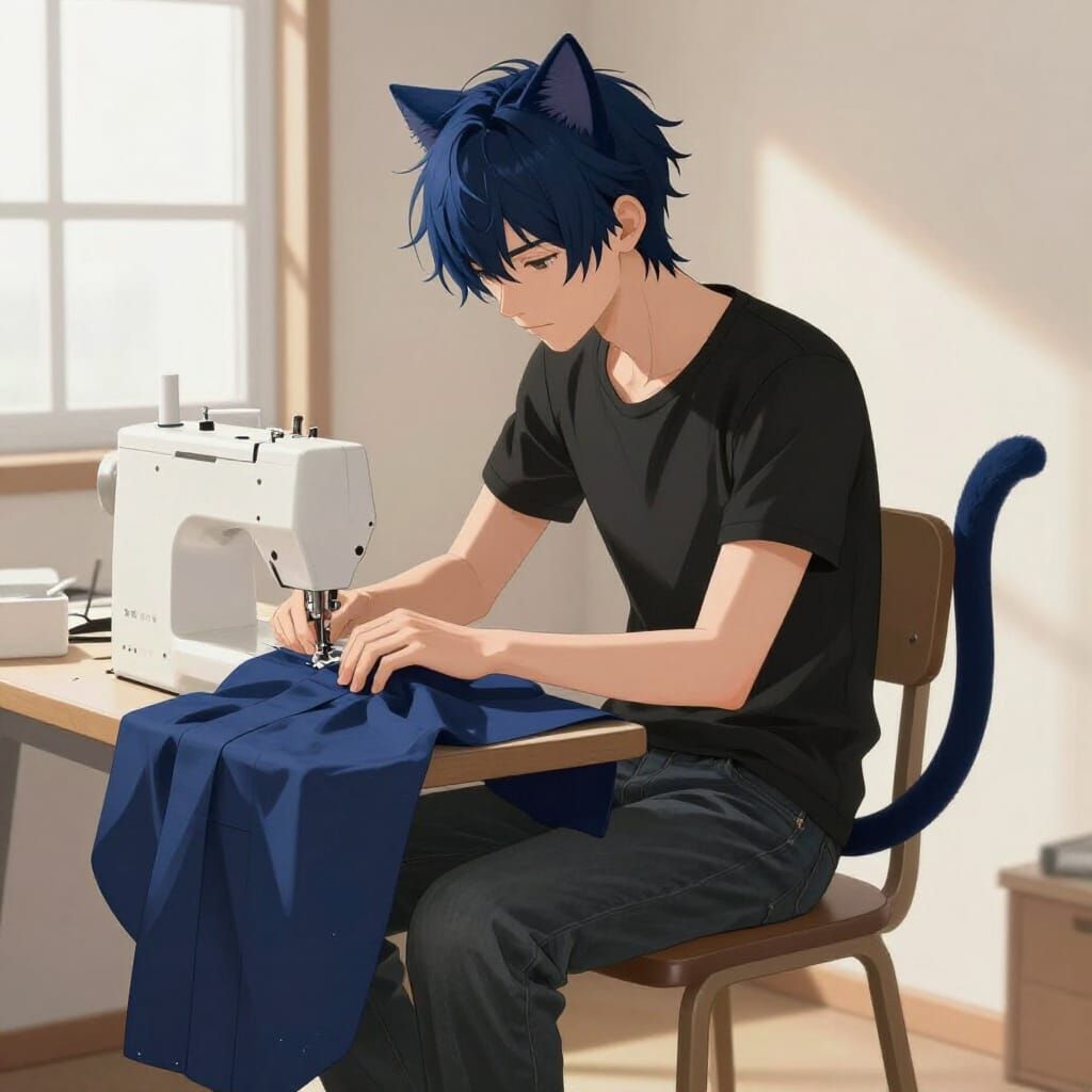 Androgynous Figure Sewing Kimono in Sunlit Room