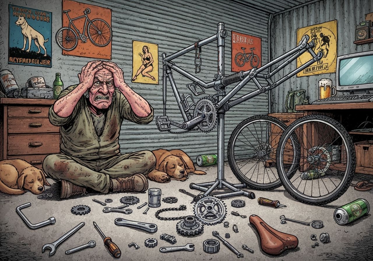 Grumpy Mechanic Surrounded by Bike Parts