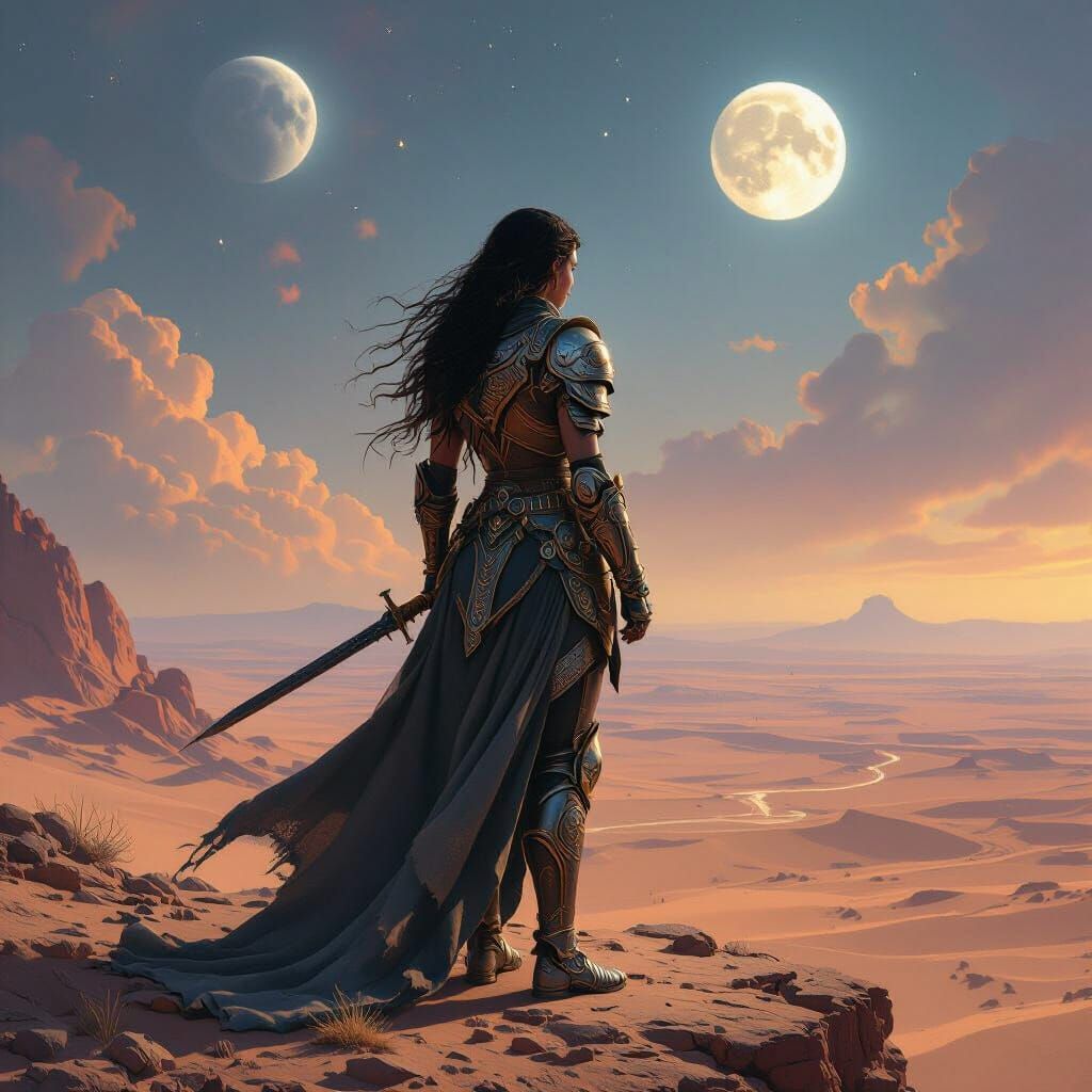 Warrior Woman on Alien Desert Under Twin Moons