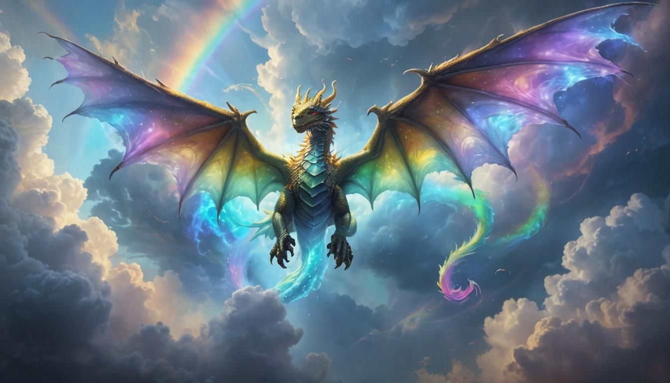 Rainbow Dragon Soars Amidst Ethereal Clouds in Soft Focus