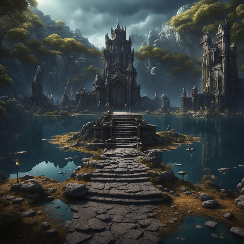 Epic Fantasy Metropolis Beside Mysterious Lake