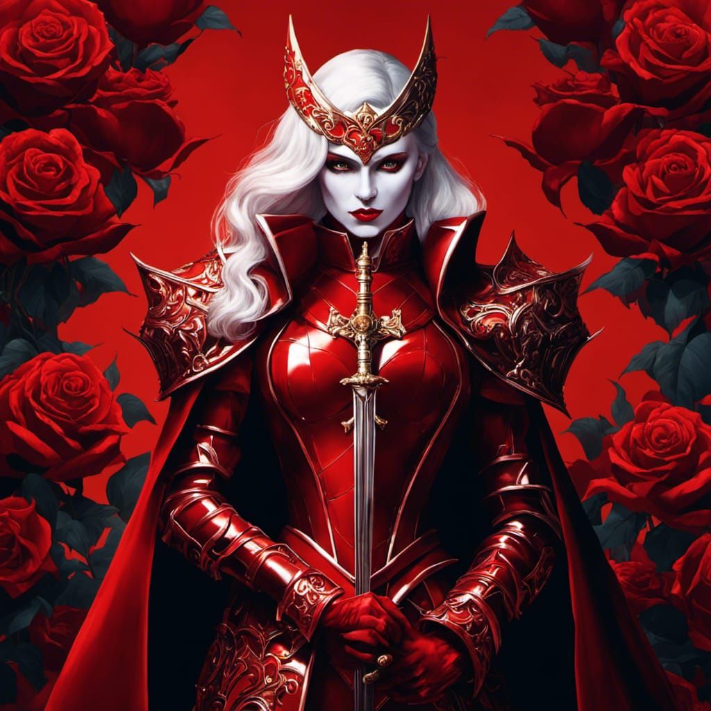 Vampiric Warrior in Red Armor Unleashes Hatred with Rose Swo...