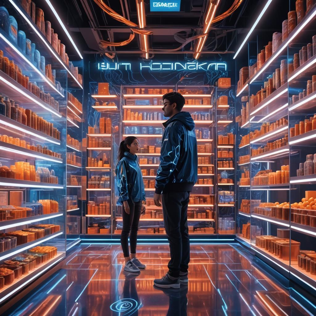 Cyberpunk Food Market in Neon-Lit Holographic Displays