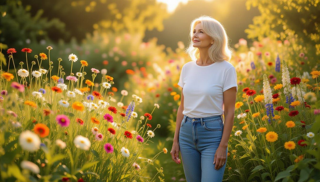 Sunlit Garden Scene: Older Woman in Dreamy Elegance