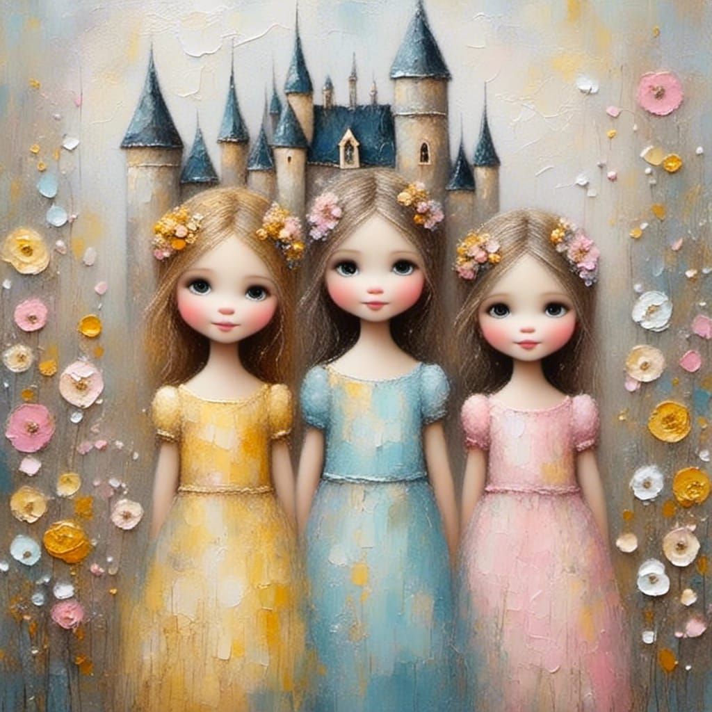 Three Pastel Princesses in Whimsical Fairy Tale Setting