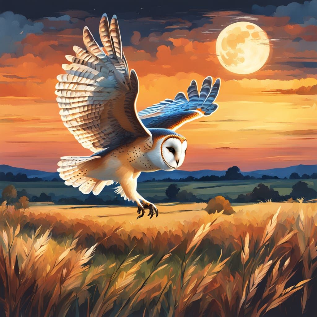 Barn Owl Soars Over Meadow at Moonrise in Oil Watercolour St...