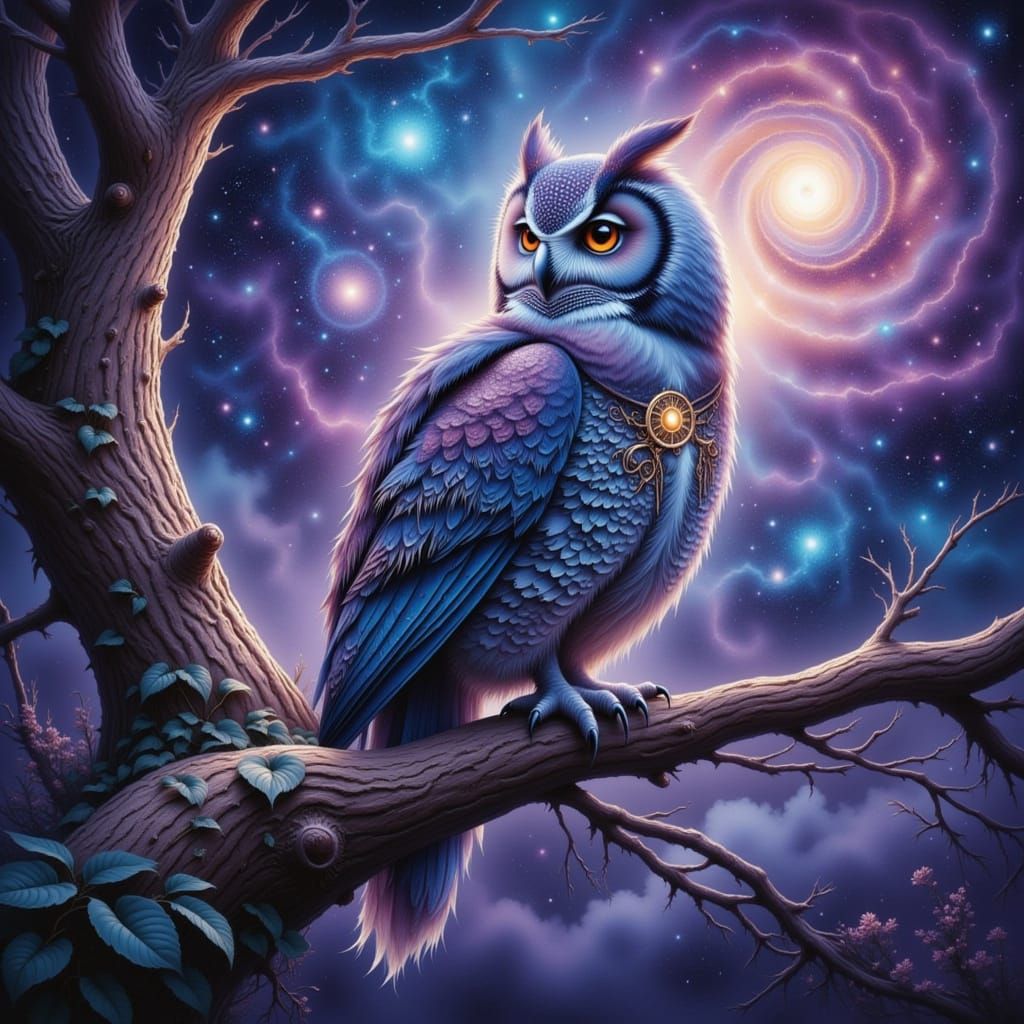Majestic Clockwork Owl in Cosmic Nebula