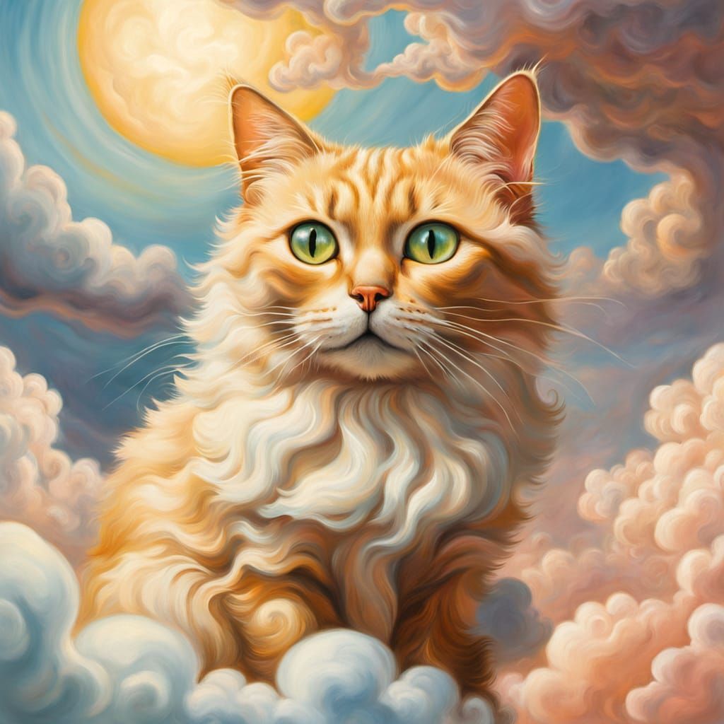 Whimsical Cat on Cloud in Surreal Oil Painting Style