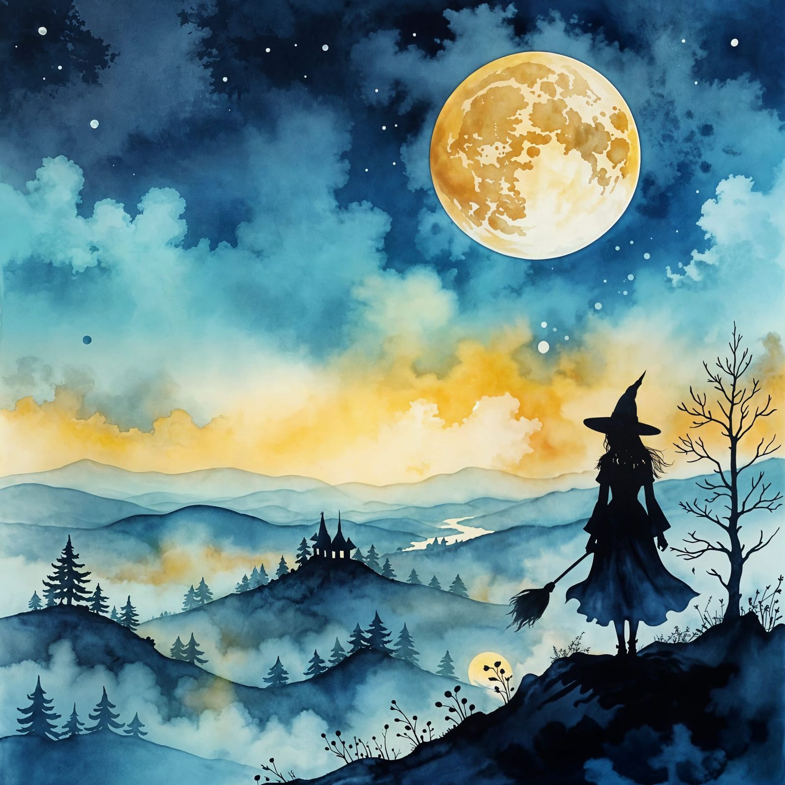 Watercolor Witch Silhouette Under Yellow Moon