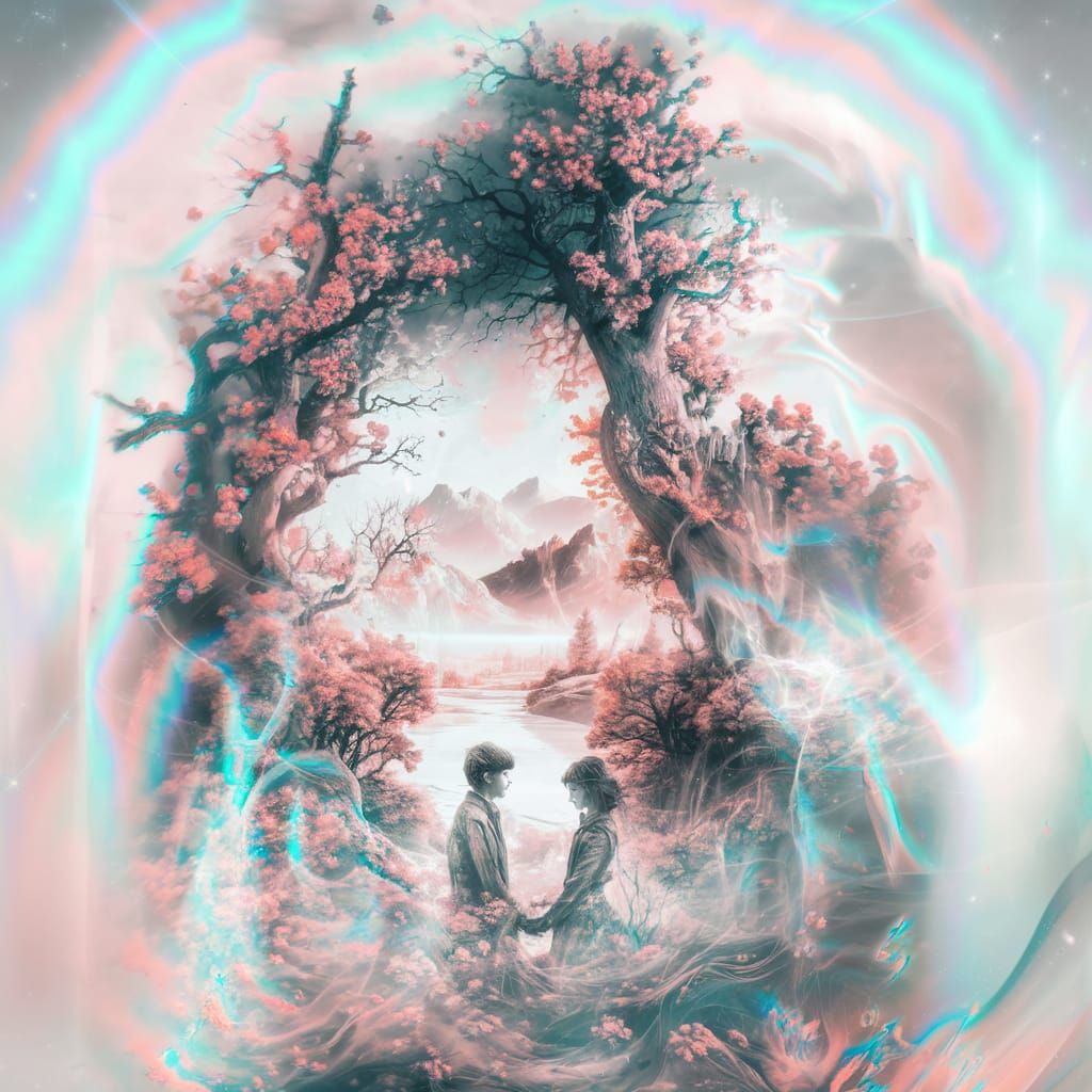 colorful Pencil sketch of A beautiful young couple in a myst...