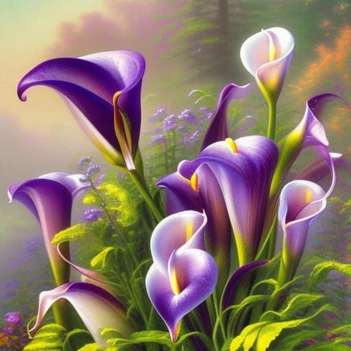 Whimsical Purple Calla Lilies in Enchanted Mist