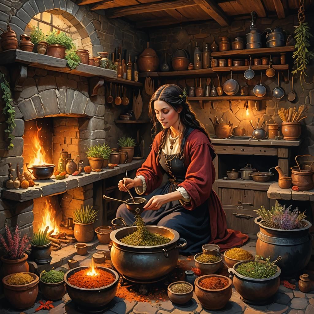 Medieval Kitchen Witch Adds Herbs to Cauldron in Warm, Glowi...