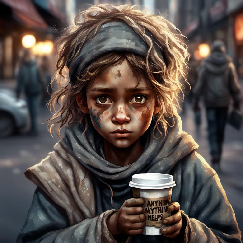 Emaciated Child Asks for Help in Street Portrait