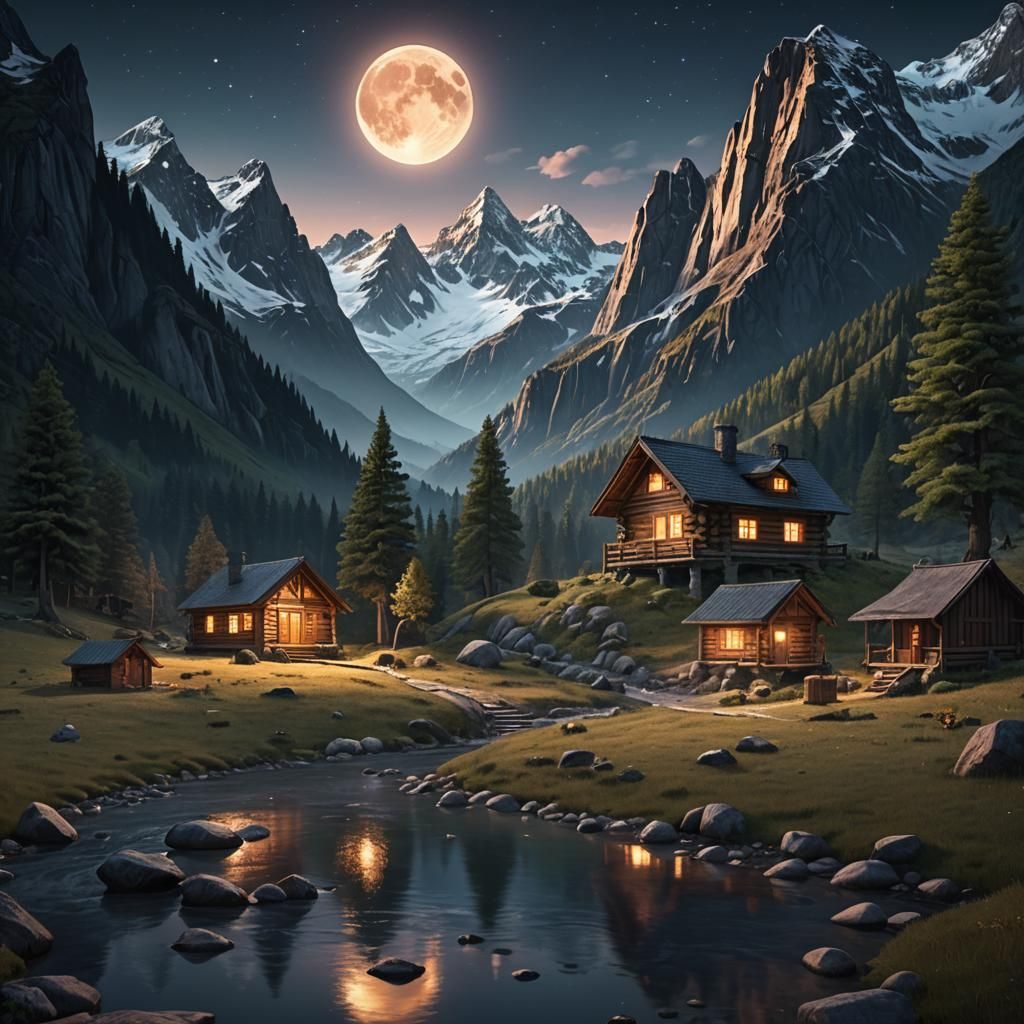 Fantastical Nighttime Log Cabin Scene in Deep Color