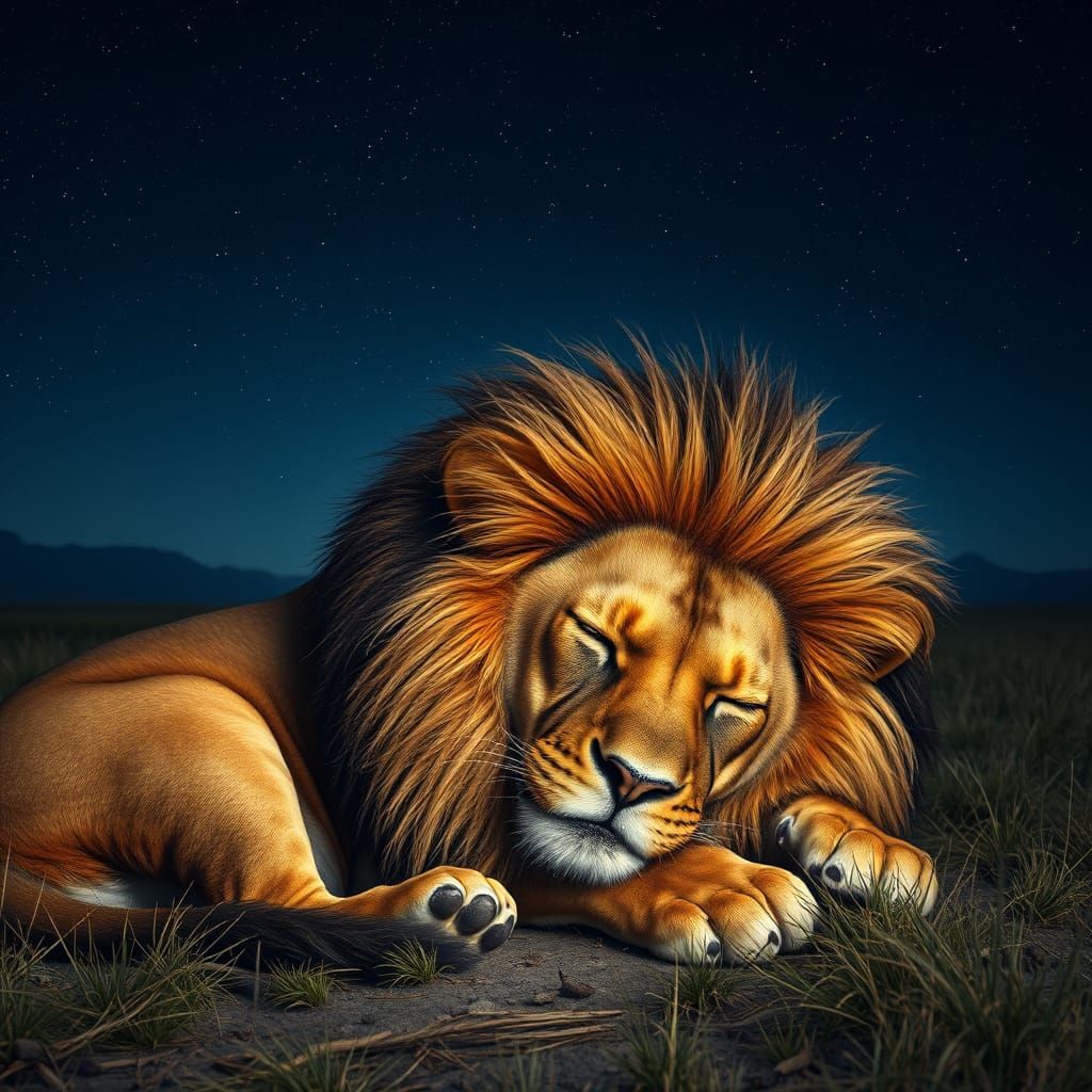 Lion Sleeping Under Starry Sky: Hyperrealistic Detail