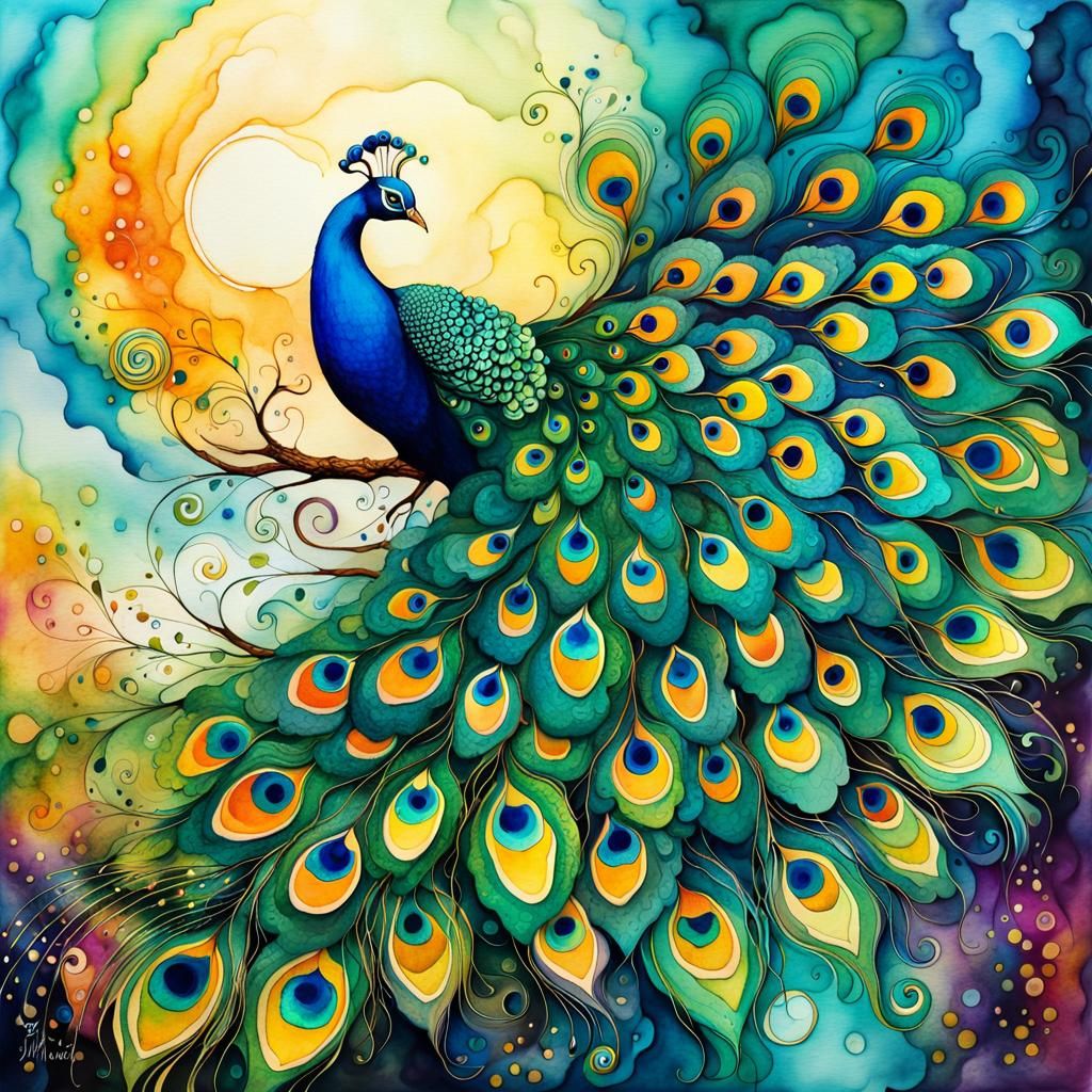 Surreal Peacock Fairy Soars in Whimsical Ink Art