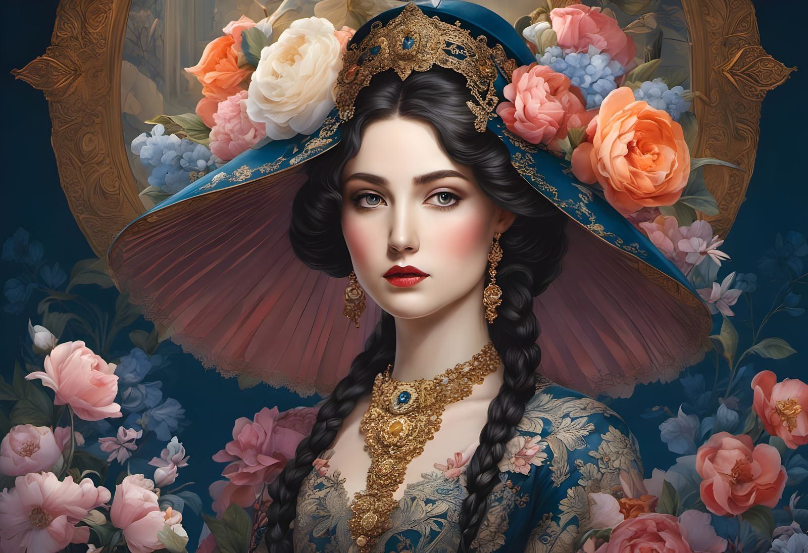 Vibrant Rococo Goddess in Intricate Lace Attire