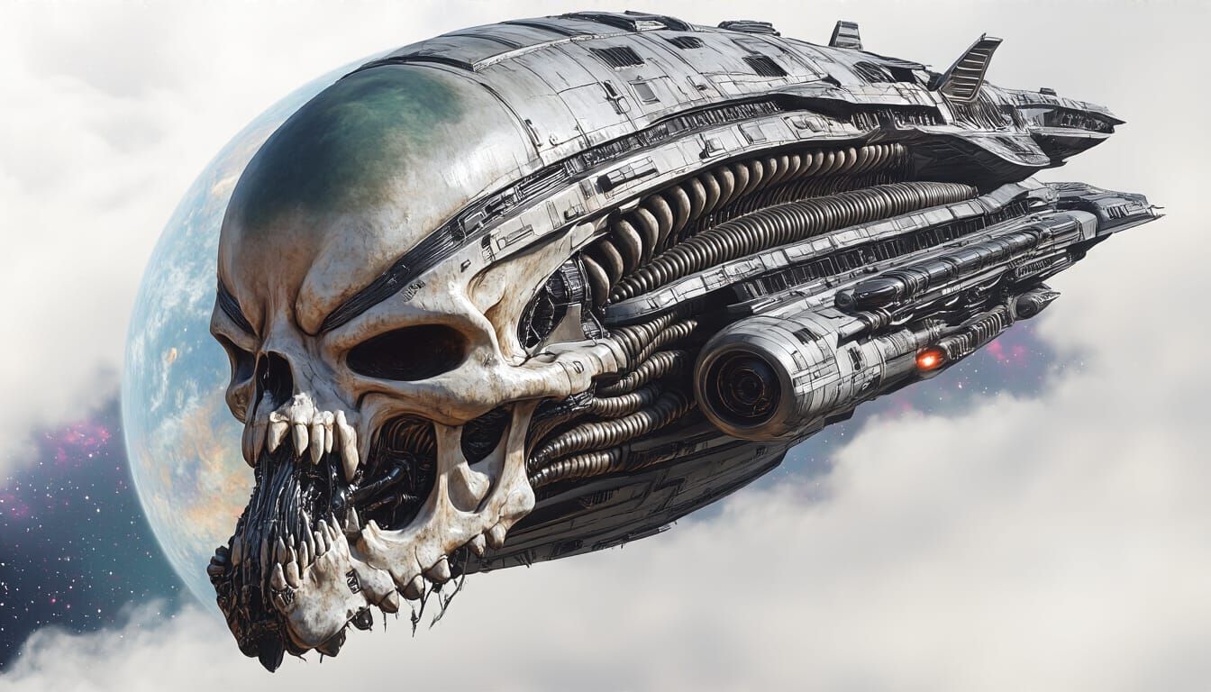 Renaissance Alien Battle Cruiser Over Distant World