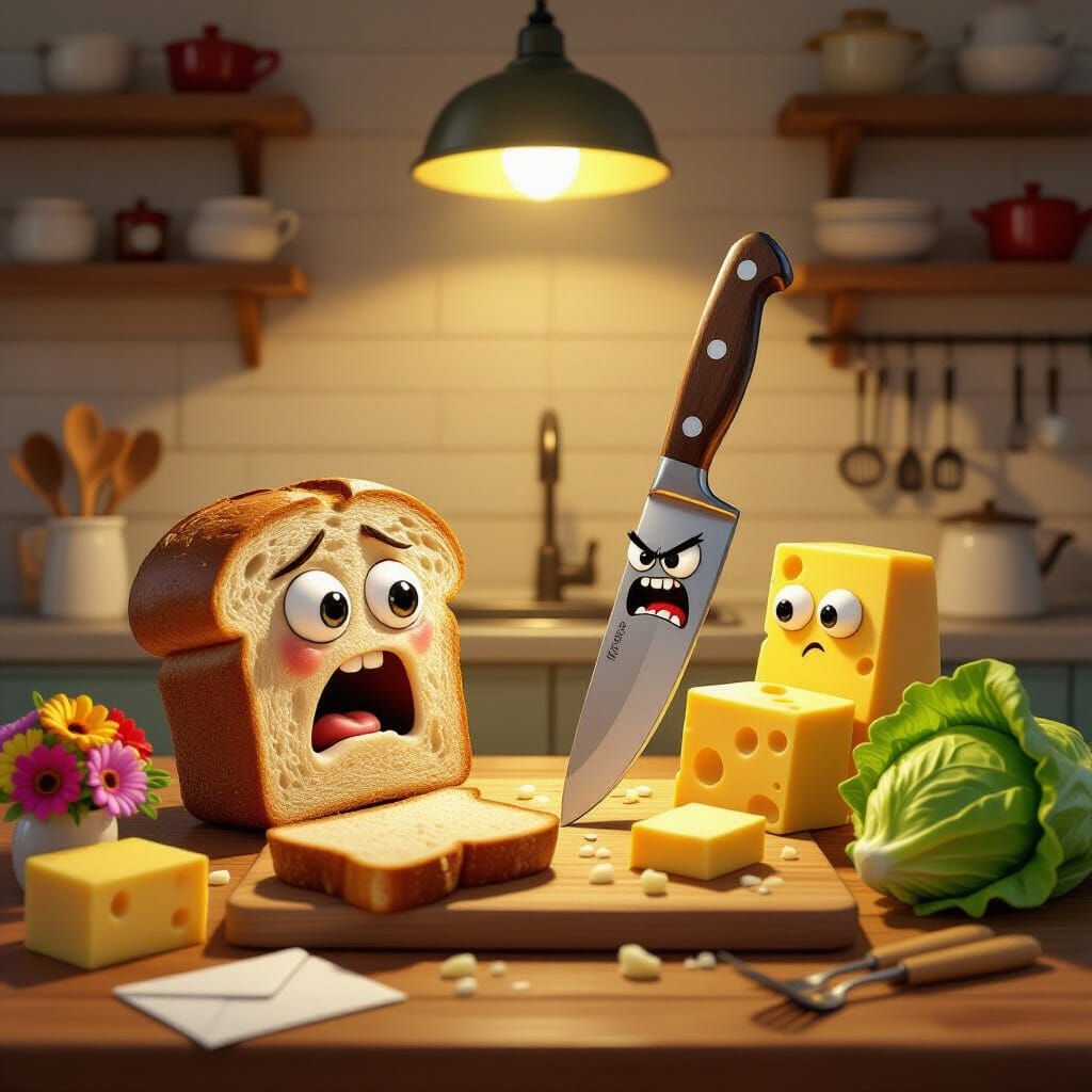 Comedic Kitchen Scene: Bread Faces Knife in Cartoon Style
