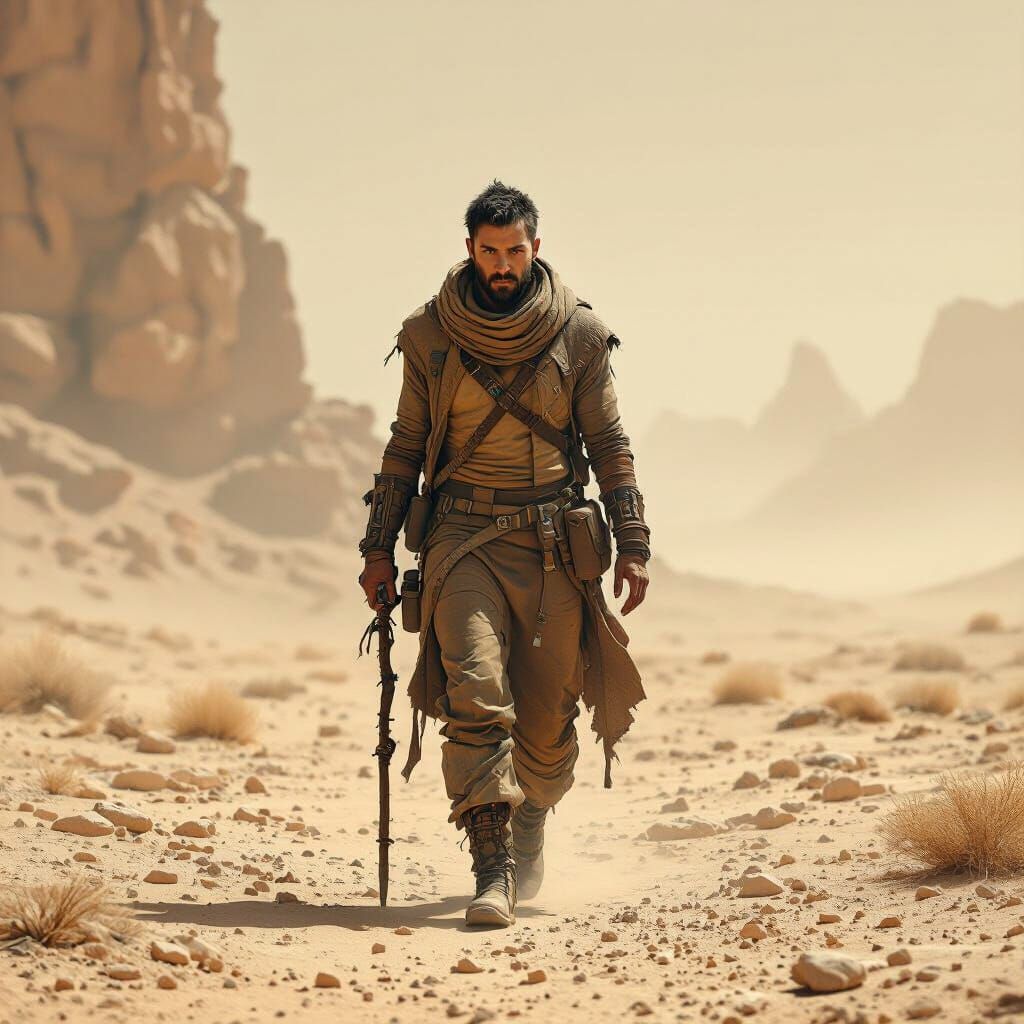 Resilient Figure in Dystopian Landscape