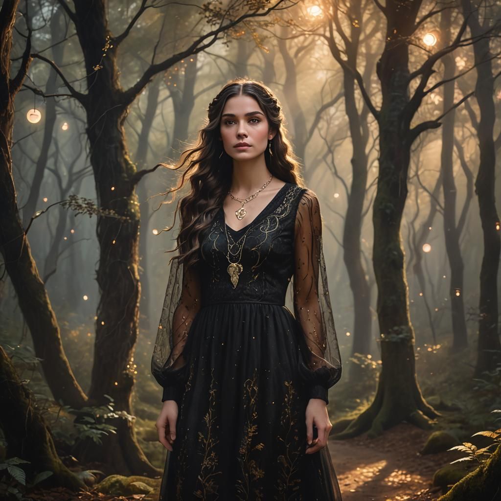 Girl in Mystical Forest with Golden Hour Lighting