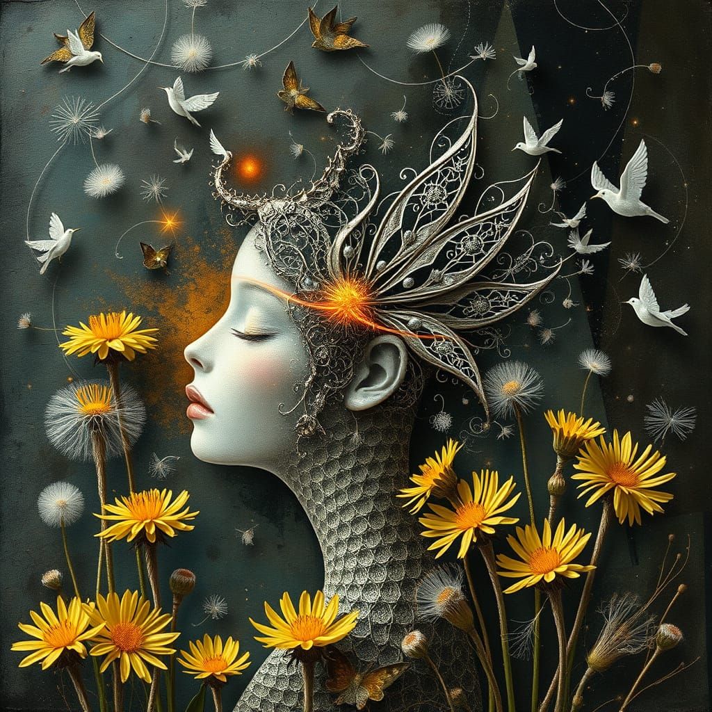 Ethereal Star Being Among Dandelions in Dreamlike Landscape