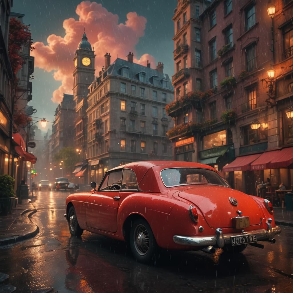 A 1950 MG Convertible Drenched in Rainy Night