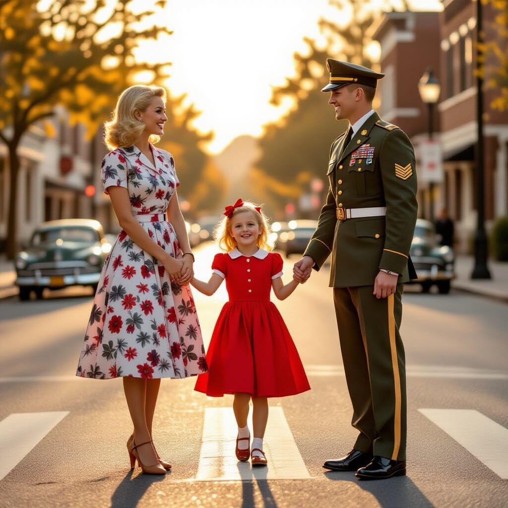 1950s Mother and Daughter Meet Soldier in Golden Hour Photo