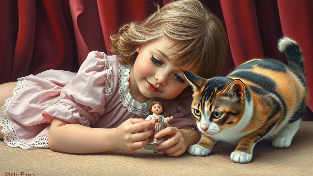 A Young Girl and Her Feline Friend in a Whimsical Impression...
